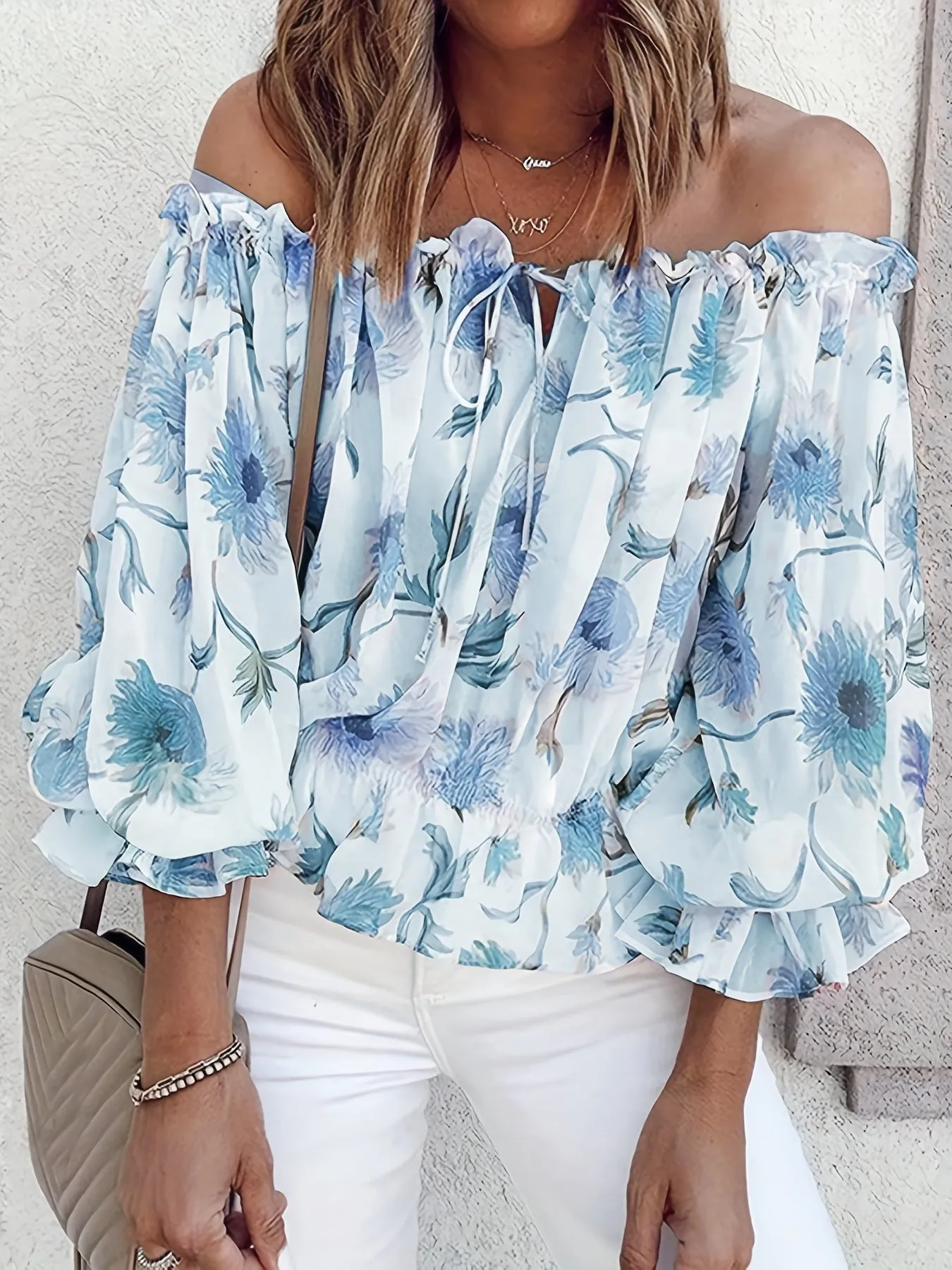 Off-Shoulder Floral Blouse for Women – Lightweight Boho Summer Top with Balloon Sleeves and Smocked Waist sold by Hensley London product image thumbnail 3