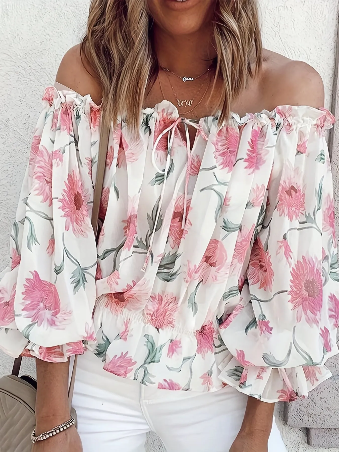 Off-Shoulder Floral Blouse for Women – Lightweight Boho Summer Top with Balloon Sleeves and Smocked Waist sold by Hensley London product image thumbnail 5