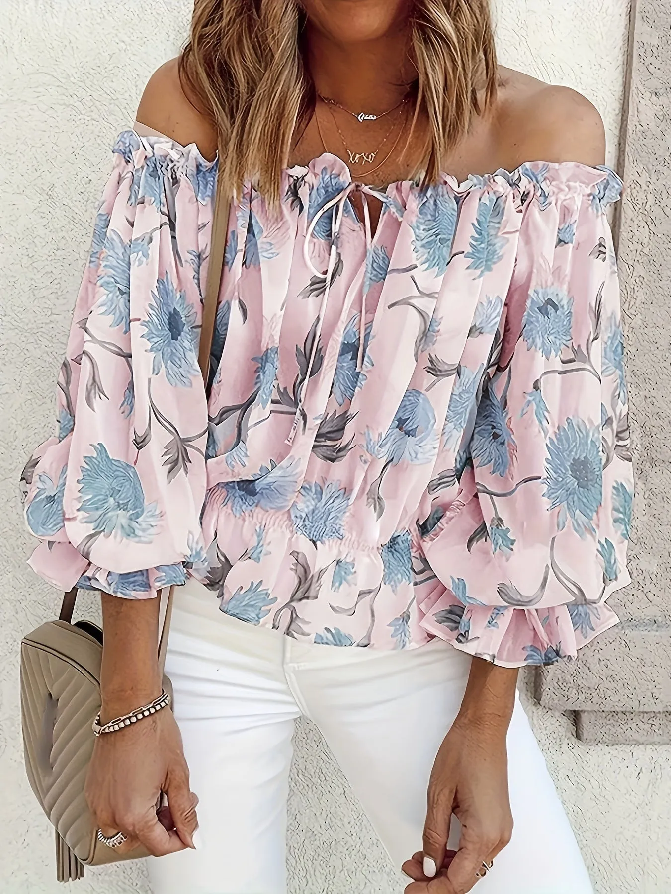 Off-Shoulder Floral Blouse for Women – Lightweight Boho Summer Top with Balloon Sleeves and Smocked Waist sold by Hensley London product image thumbnail 4