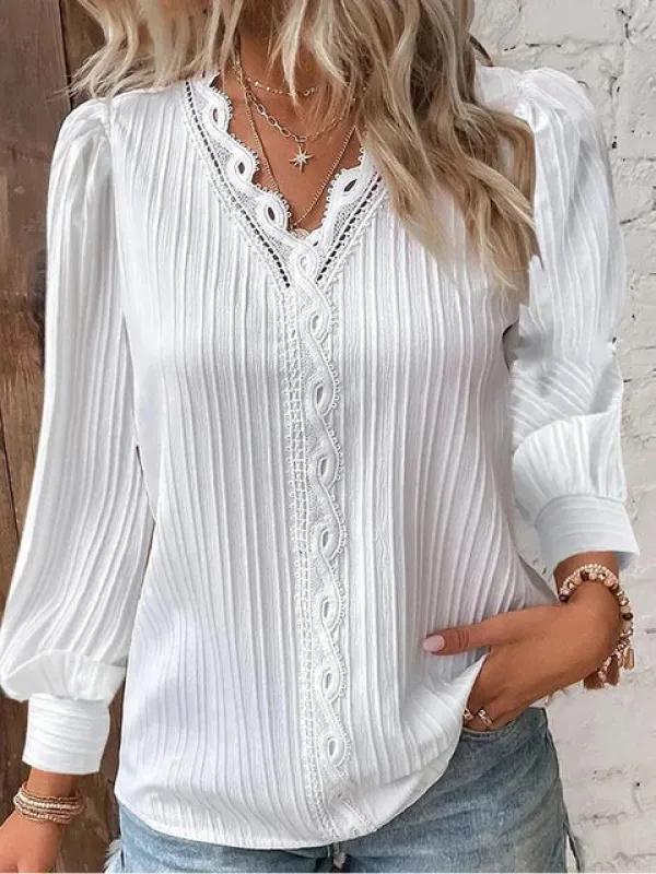 Women's V-Neck Lace Trim Blouse with Long Puff Sleeves – Relaxed Fit Summer Top sold by Hensley London