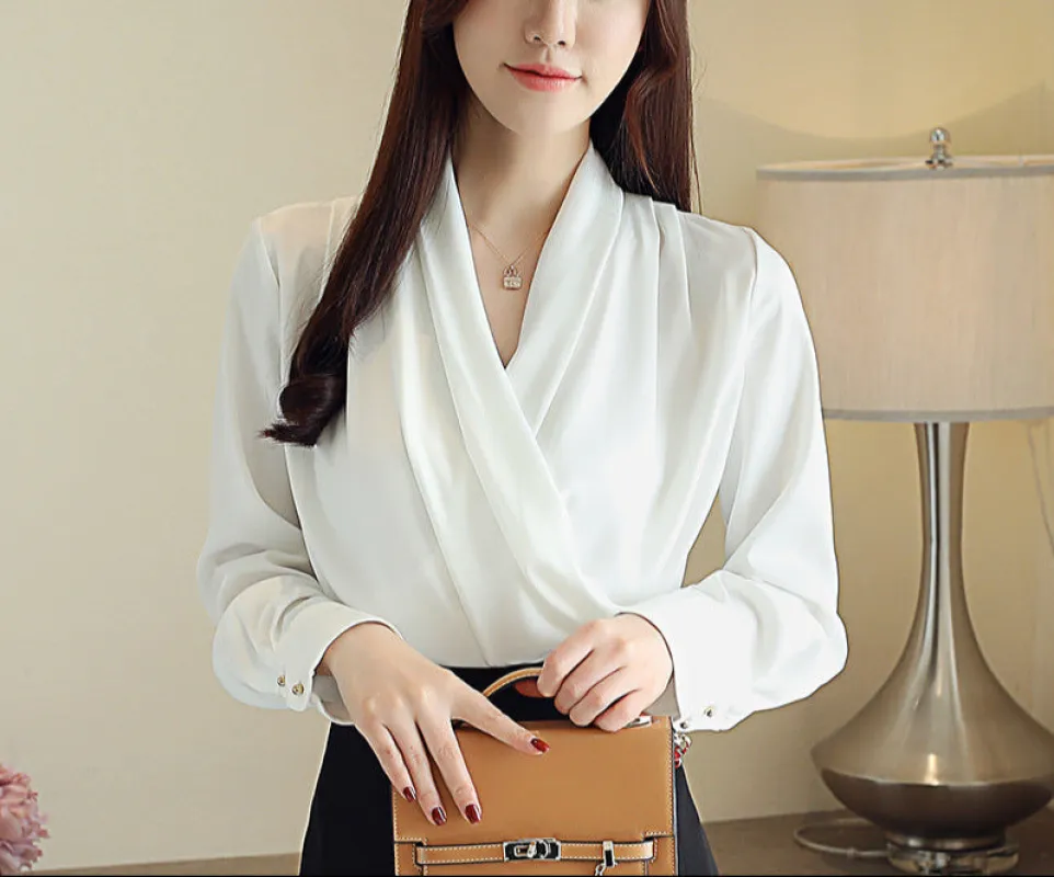 Women's Long Sleeve Pleated Blouse – Elegant Polyester Top for Summer Casual and Business Wear sold by Hensley London