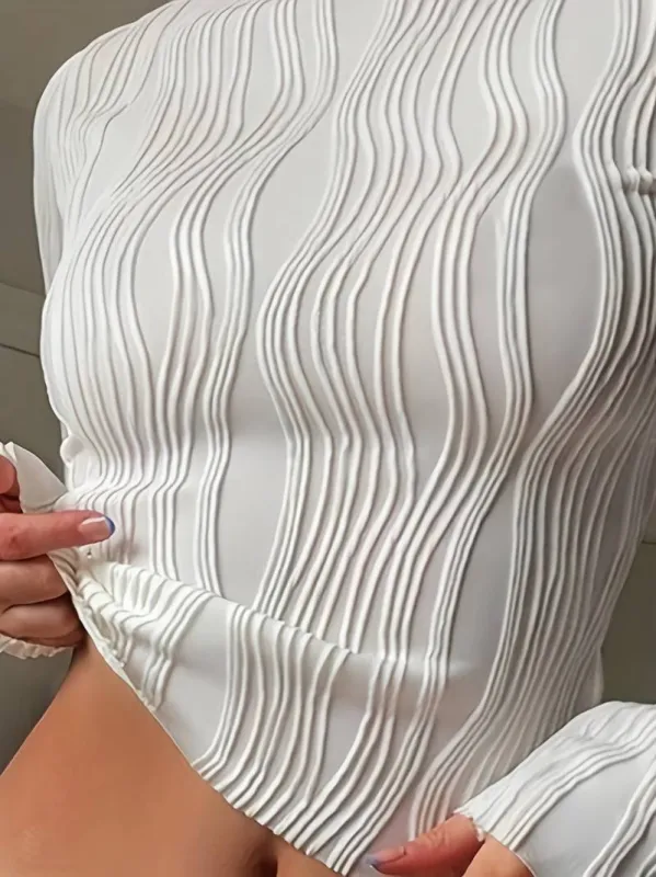 Women's High Neck Fitted Top with 3D Textured Pattern – Long Sleeve Stretch Fabric sold by Hensley London