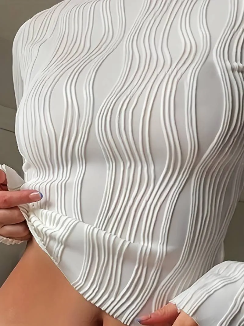 Women's High Neck Fitted Top with 3D Textured Pattern – Long Sleeve Stretch Fabric sold by Hensley London