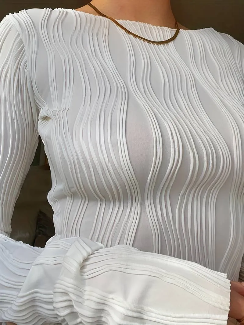 Women's High Neck Fitted Top with 3D Textured Pattern – Long Sleeve Stretch Fabric sold by Hensley London product image thumbnail 5