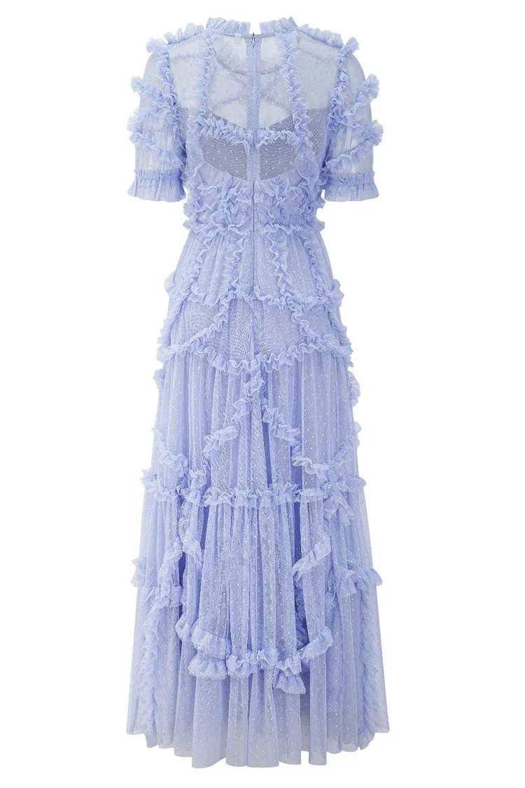 Women's Maxi Dress Blue Dotted Tulle Ruffle sold by Hensley London product image thumbnail 4