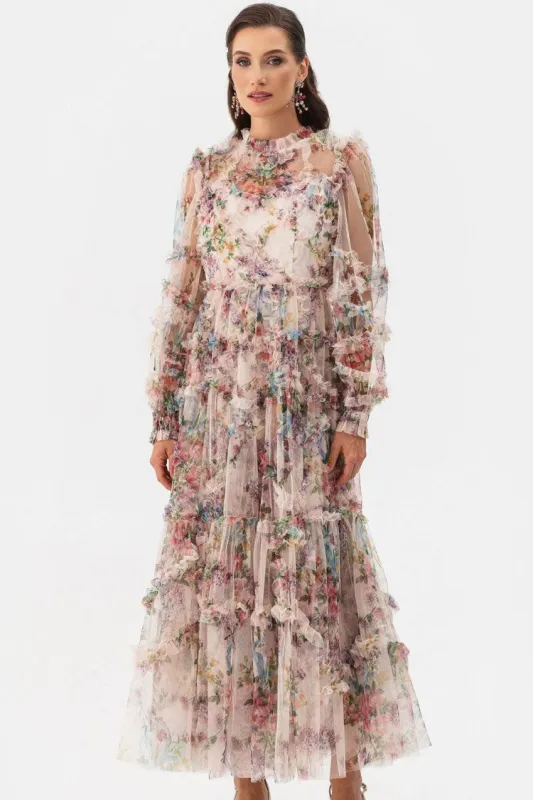 Women's Maxi Dress Apricot Tulle Floral Elegant sold by Hensley London