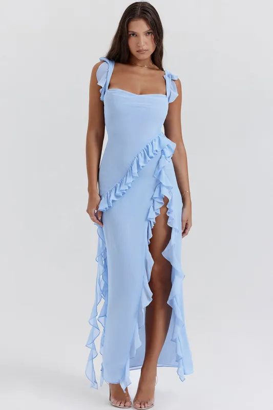 Women's Maxi Dress Blue Cotton Ruffle Summer Dresses sold by Hensley London