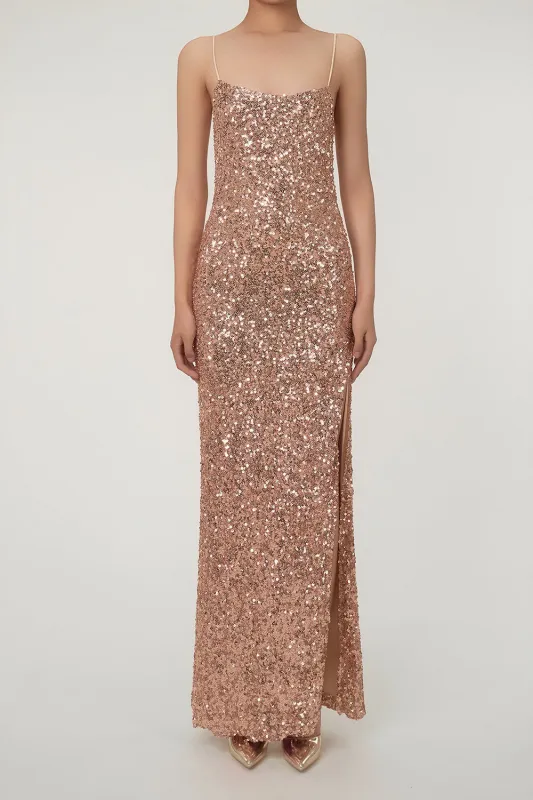 Women's Maxi Dress Bronze Gold Sequin Polyester with Thigh-High Split sold by Hensley London
