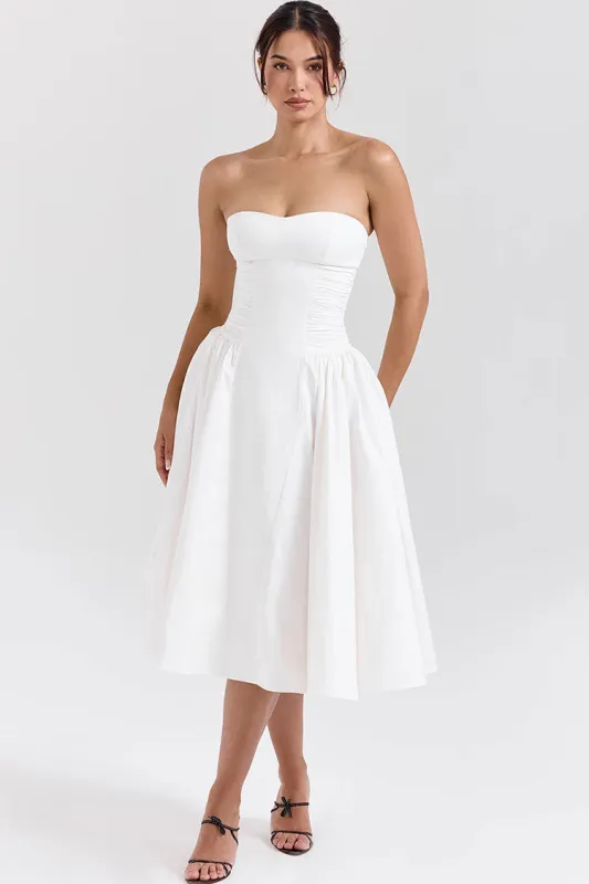 Women's Midi Dress White Cotton Strapless Fit and Flare sold by Hensley London