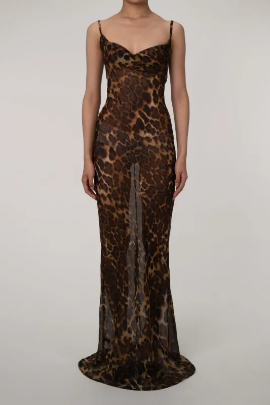 Women's Maxi Dress Coffee Chiffon Leopard Print sold by Hensley London
