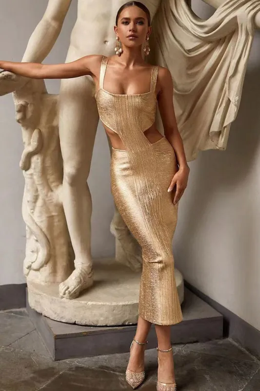 Women's Cocktail Dress Gold Metallic Bandage Midi sold by Hensley London