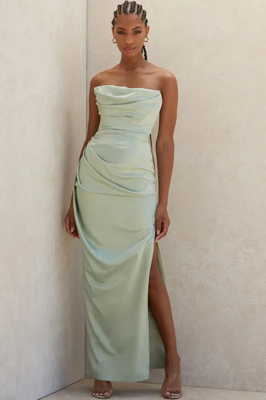 Women's Maxi Dress Sage Green Satin High Slit Strapless sold by Hensley London