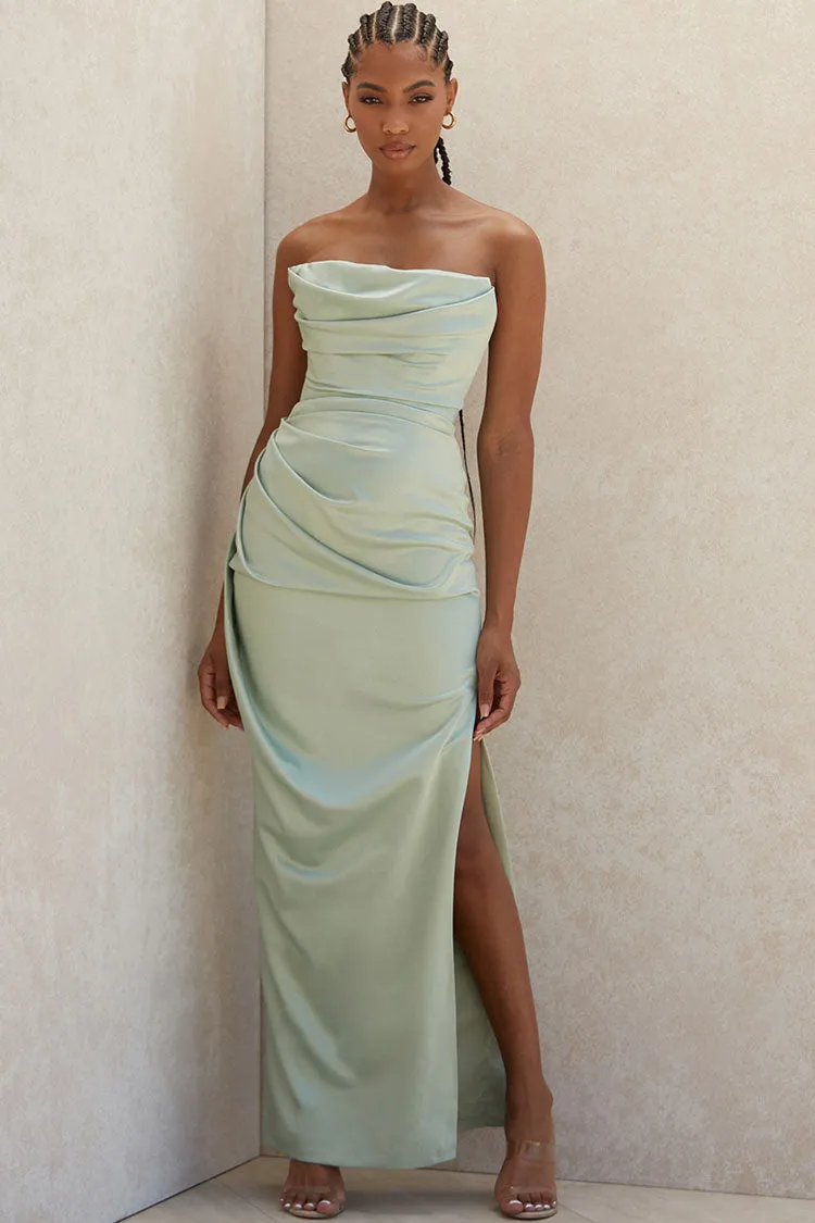 Women's Maxi Dress Sage Green Satin High Slit Strapless sold by Hensley London