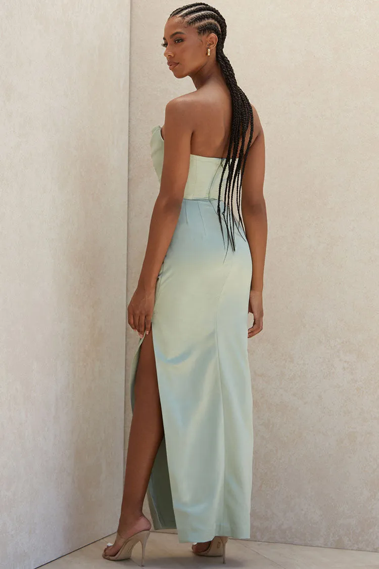 Women's Maxi Dress Sage Green Satin High Slit Strapless sold by Hensley London product image thumbnail 3