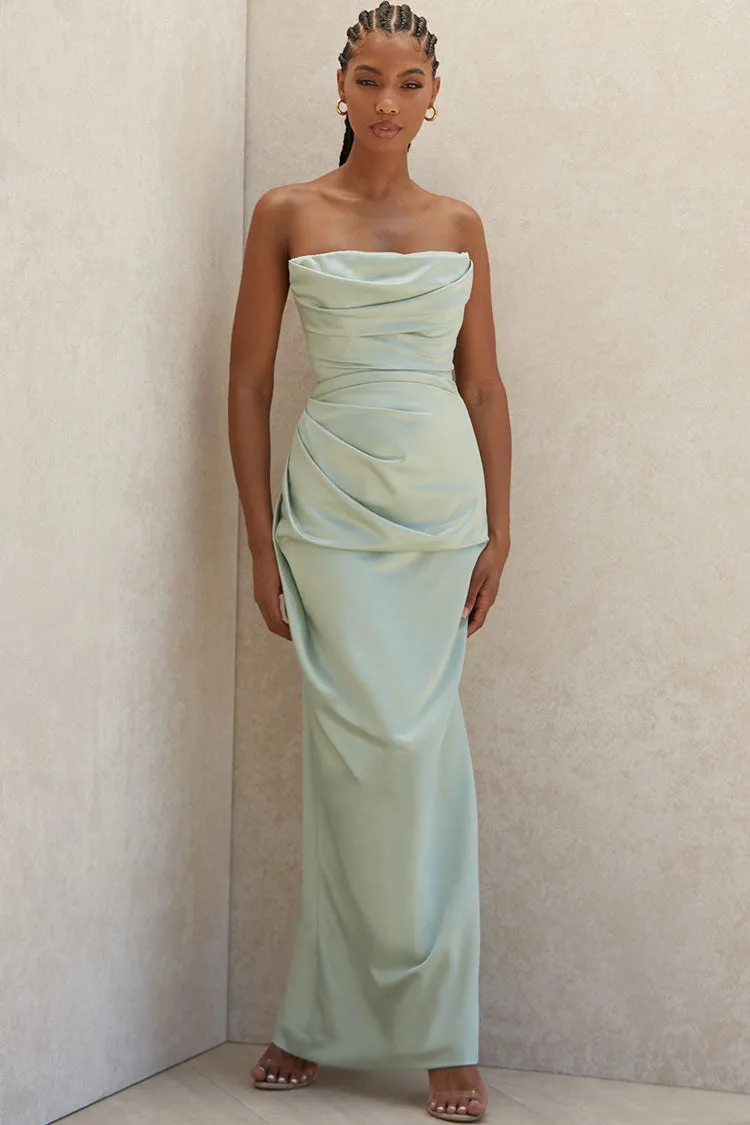 Women's Maxi Dress Sage Green Satin High Slit Strapless sold by Hensley London product image thumbnail 4