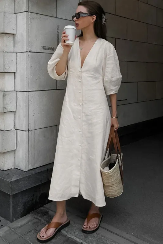 Women's Midi Dress Off White Linen Blend sold by Hensley London