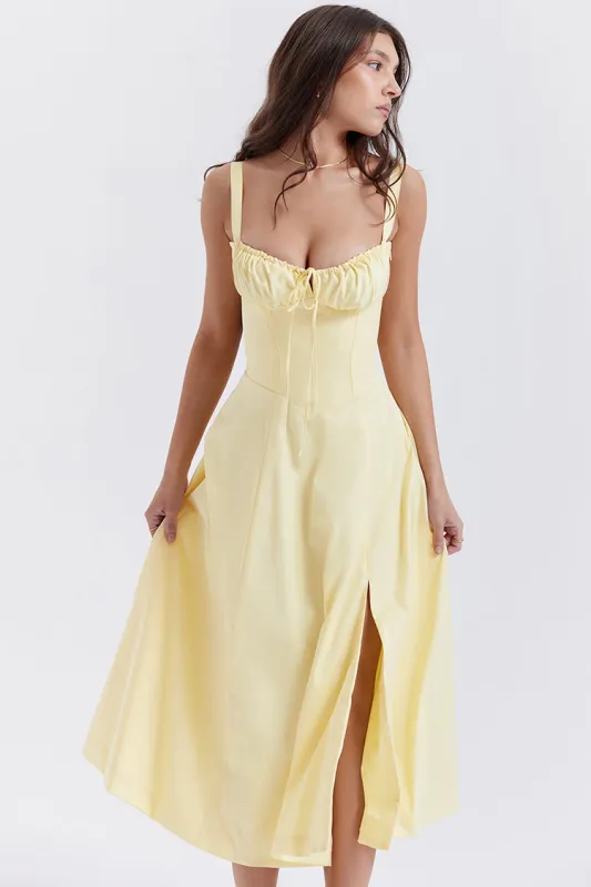 Women's Summer Dress Yellow Cotton Fit & Flare Midi Sundress sold by Hensley London