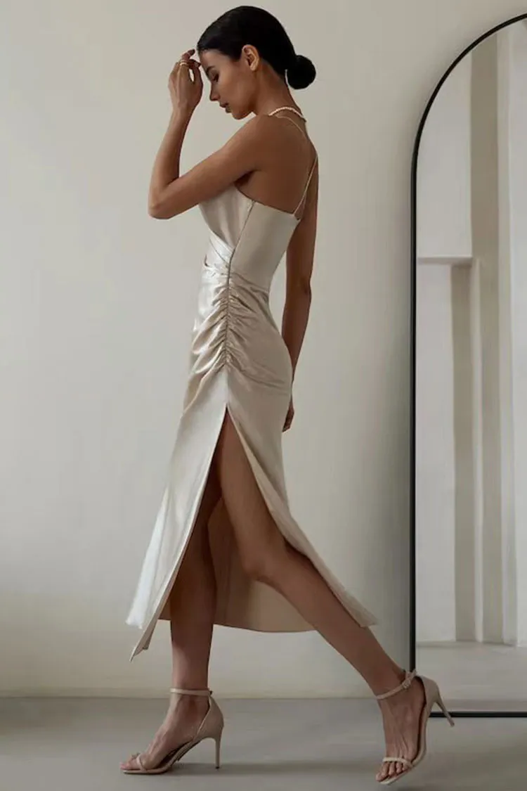 Women's Midi Dress Champagne Silk Cami with Thigh-High Slit sold by Hensley London product image thumbnail 3