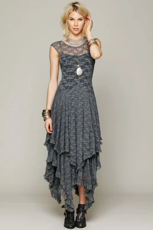 Women's Maxi Dress Gray Lace Sleeveless Asymmetric Ruffle sold by Hensley London