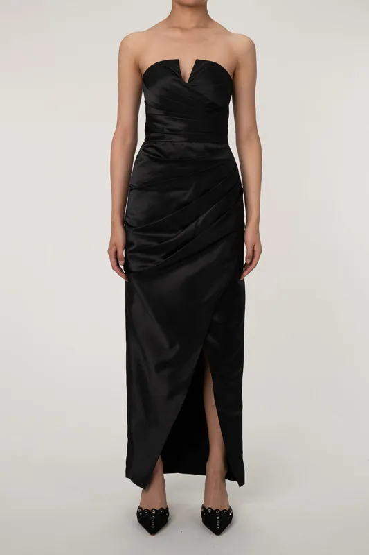 Women's Maxi Dress Black Satin Strapless Formal Cocktail sold by Hensley London