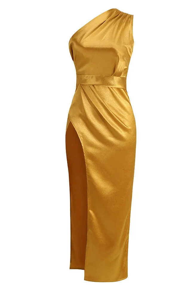 Women's Midi Dress Gold Satin One Shoulder sold by Hensley London product image thumbnail 4
