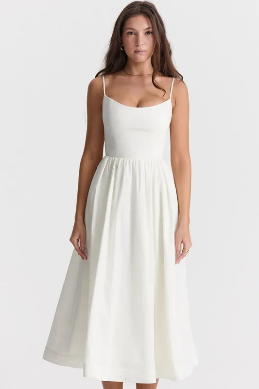 Women's Midi Dress White Cotton Spaghetti Strap Summer Fit and Flare sold by Hensley London