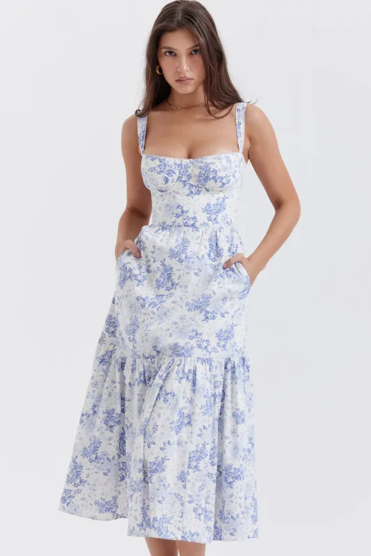 Women's Summer Dress Blue Floral Print Cotton Midi sold by Hensley London