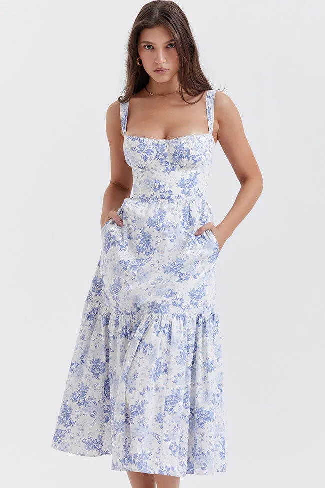 Women's Summer Dress Blue Floral Print Cotton Midi sold by Hensley London