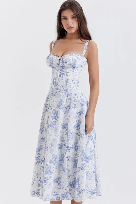 Women's Summer Dress Blue Floral Cotton Fit & Flare sold by Hensley London