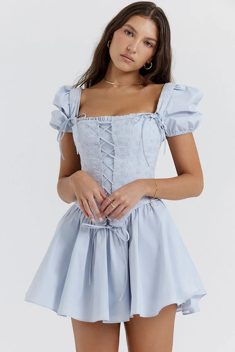 Women's Mini Sundress Blue Cotton Floral Embroidered Fit & Flare sold by Hensley London product image thumbnail 2