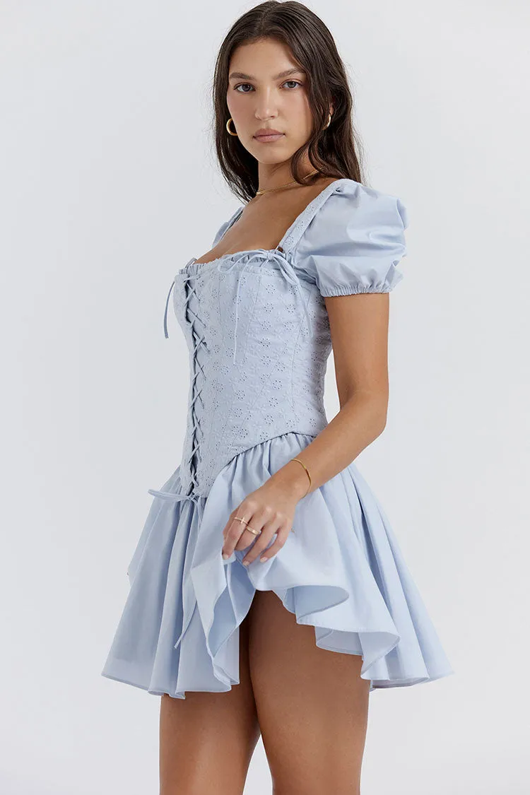 Women's Mini Sundress Blue Cotton Floral Embroidered Fit & Flare sold by Hensley London product image thumbnail 3