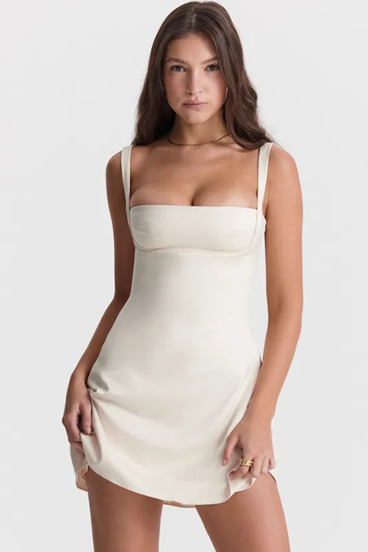 Women's Mini Dress White Satin Summer Dress sold by Hensley London