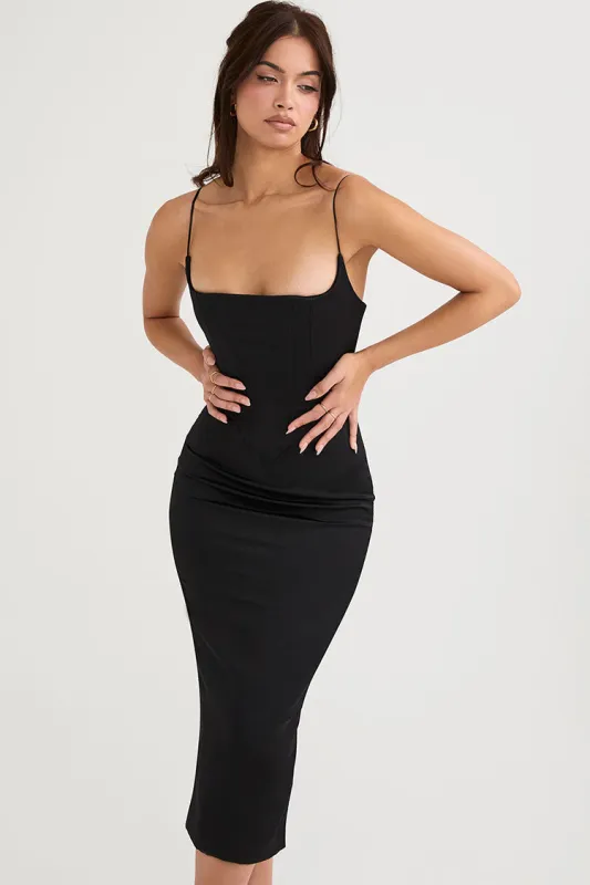Women's Cocktail Dress Black Satin Cami Midi sold by Hensley London