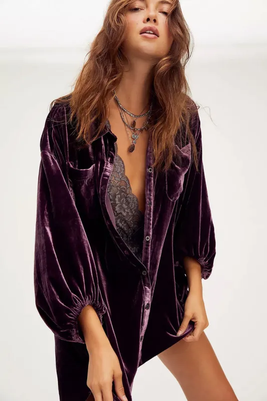 Women's High Low Dress Purple Velvet Bishop Sleeve made by Hensley London