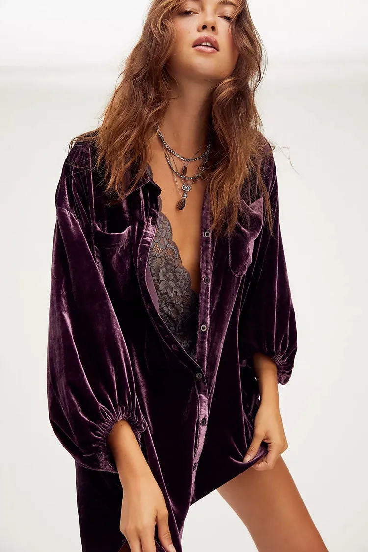 Women's High Low Dress Purple Velvet Bishop Sleeve sold by Hensley London