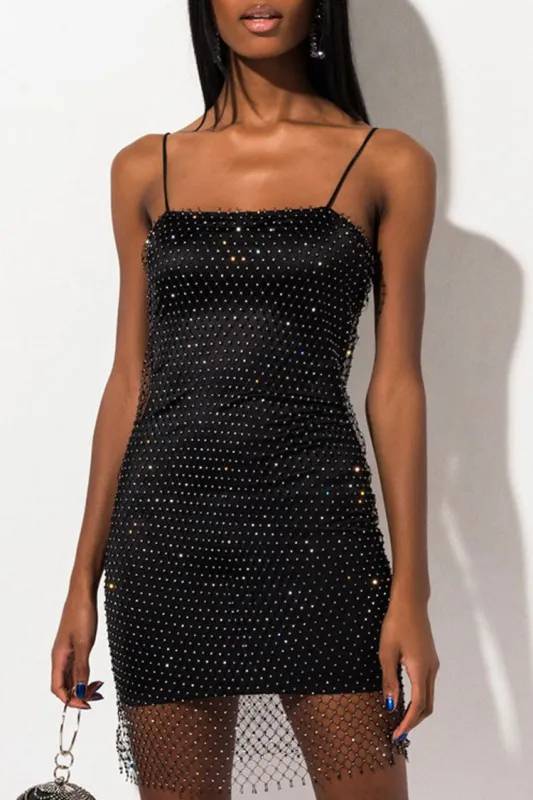 Women's Mini Dress Black Rhinestone Spaghetti Strap Bodycon sold by Hensley London