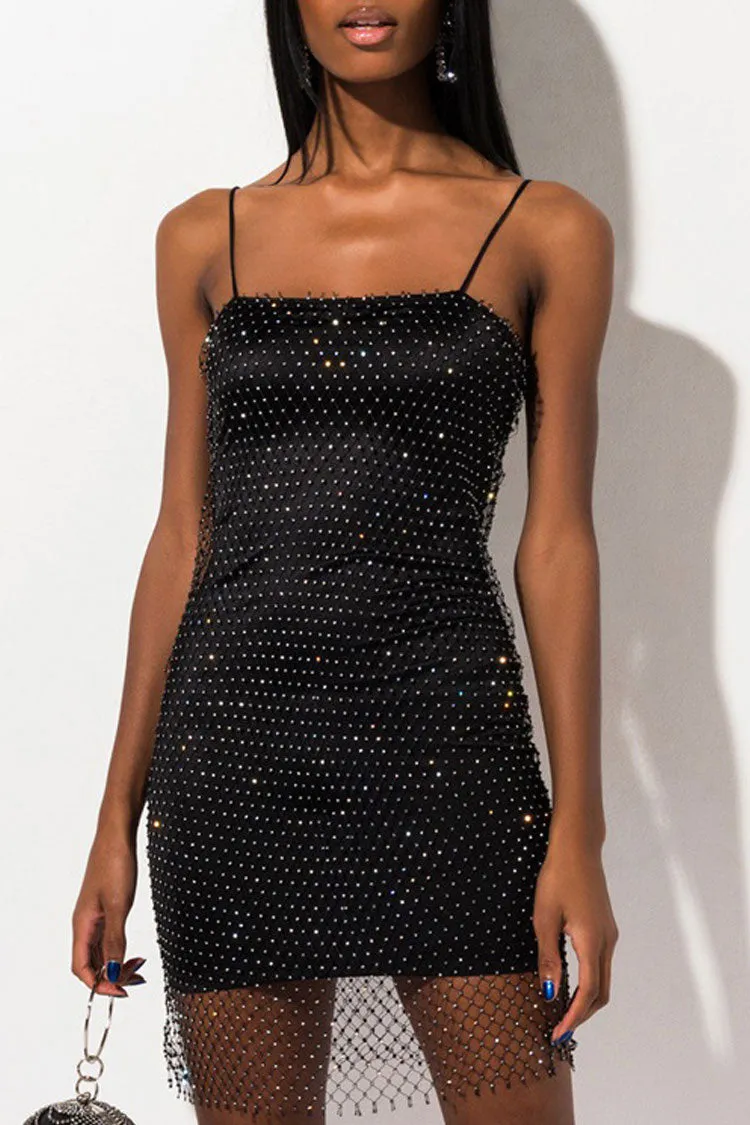 Women's Mini Dress Black Rhinestone Spaghetti Strap Bodycon sold by Hensley London