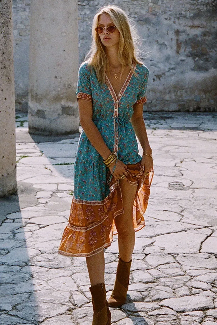 Women's Boho Dress Teal Blue Cotton Floral Print Summer Dress sold by Hensley London product image thumbnail 2