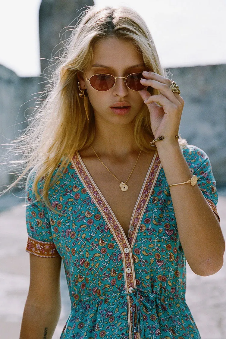 Women's Boho Dress Teal Blue Cotton Floral Print Summer Dress sold by Hensley London product image thumbnail 4