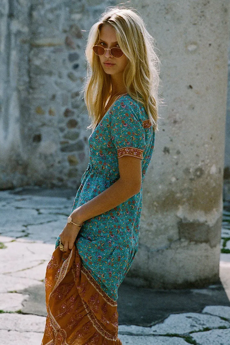 Women's Boho Dress Teal Blue Cotton Floral Print Summer Dress sold by Hensley London product image thumbnail 3