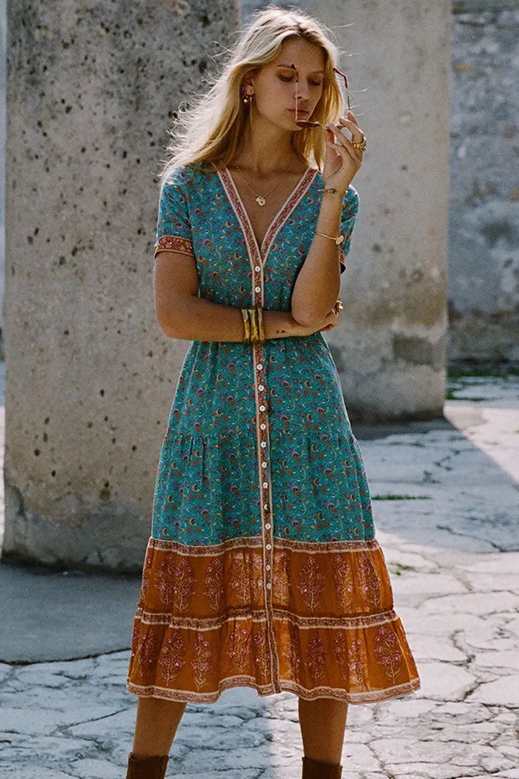 Women's Boho Dress Teal Blue Cotton Floral Print Summer Dress sold by Hensley London