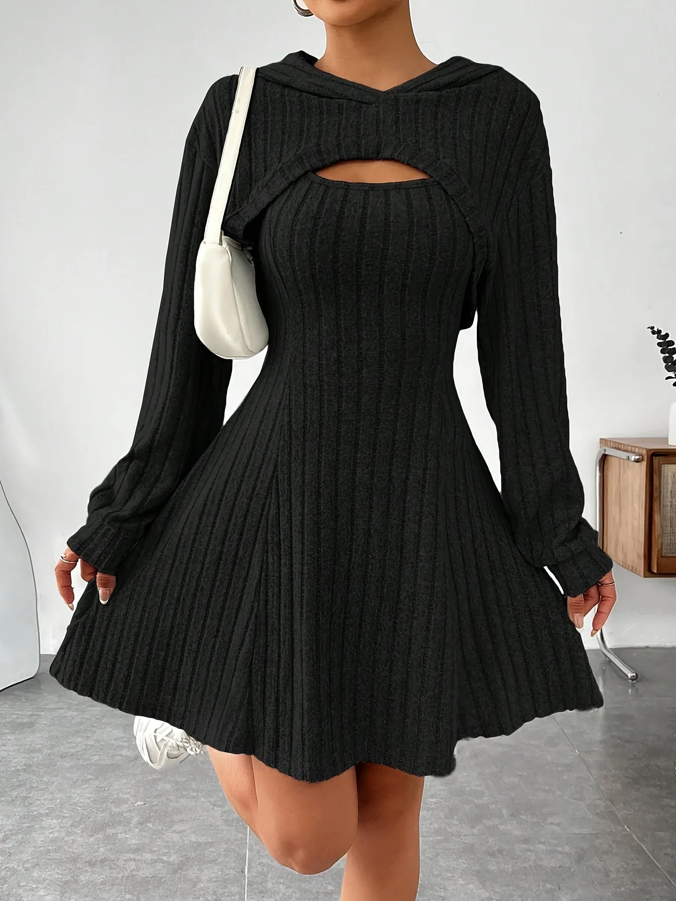 Women's Sweater Dress Black Ribbed Knit A-Line sold by Hensley London