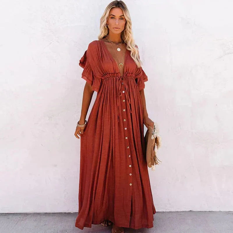 Women's Maxi Dress Red Rayon Blend Bohemian Style sold by Hensley London