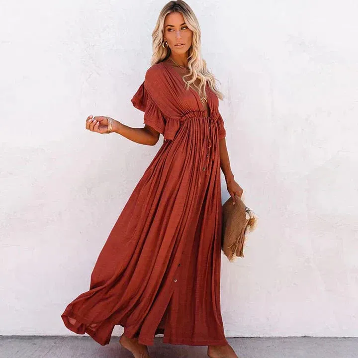 Women's Maxi Dress Red Rayon Blend Bohemian Style sold by Hensley London product image thumbnail 2