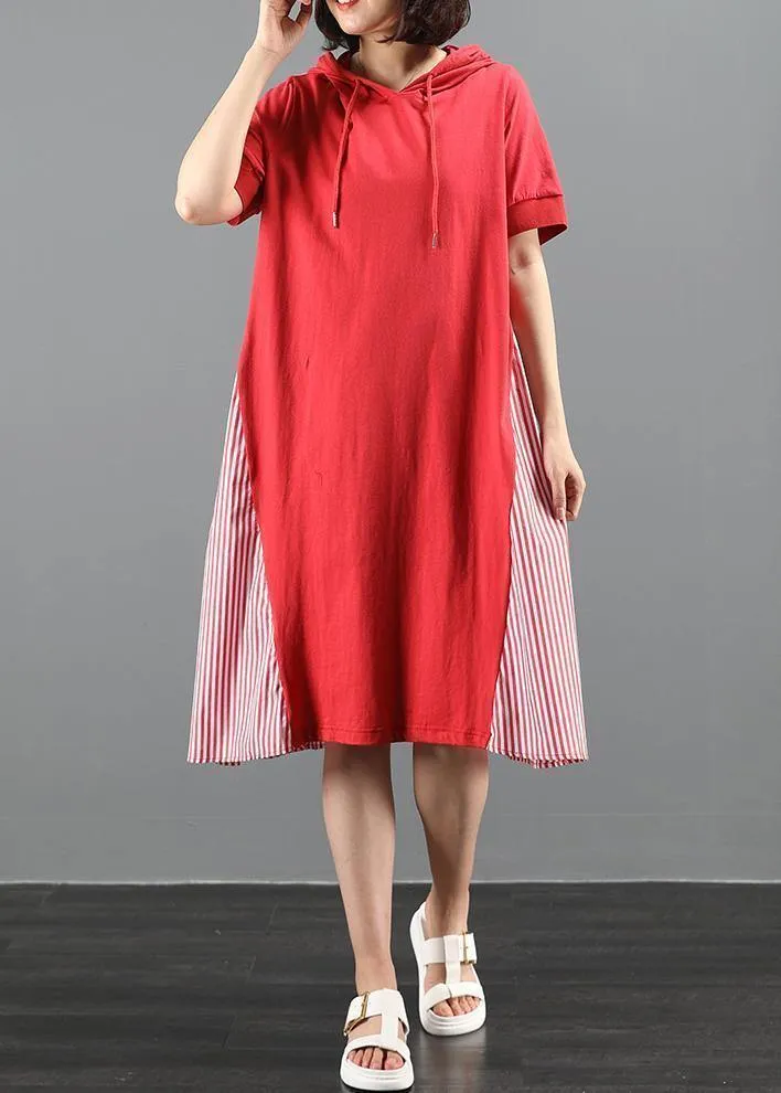 Women's Maxi Dress Red Cotton Hooded Patchwork Striped sold by Hensley London product image thumbnail 2