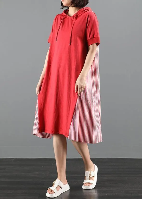 Women's Maxi Dress Red Cotton Hooded Patchwork Striped sold by Hensley London product image thumbnail 3