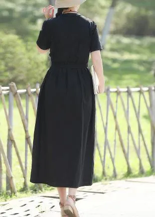 Women's Long Sleeve Dress Black Linen Tie Waist Summer sold by Hensley London product image thumbnail 4