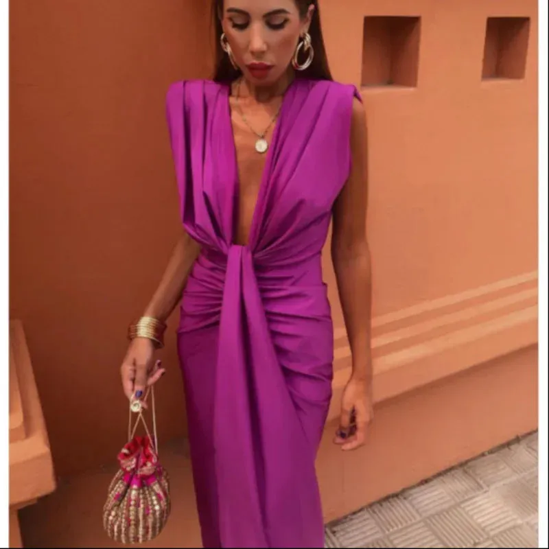 Women's Evening Gown Black Satin Deep V-Neck High Slit sold by Hensley London product image thumbnail 5