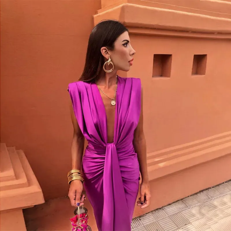 Women's Evening Gown Black Satin Deep V-Neck High Slit sold by Hensley London product image thumbnail 3