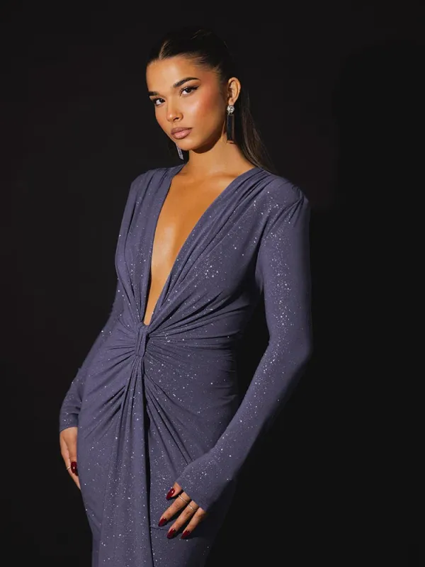 Women's Evening Gown Black Glitter Long Sleeve Ruched sold by Hensley London